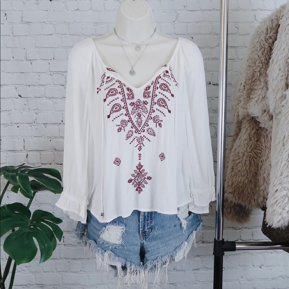 Forever 21 Tops - White Blouse with Maroon Tribal Patterns